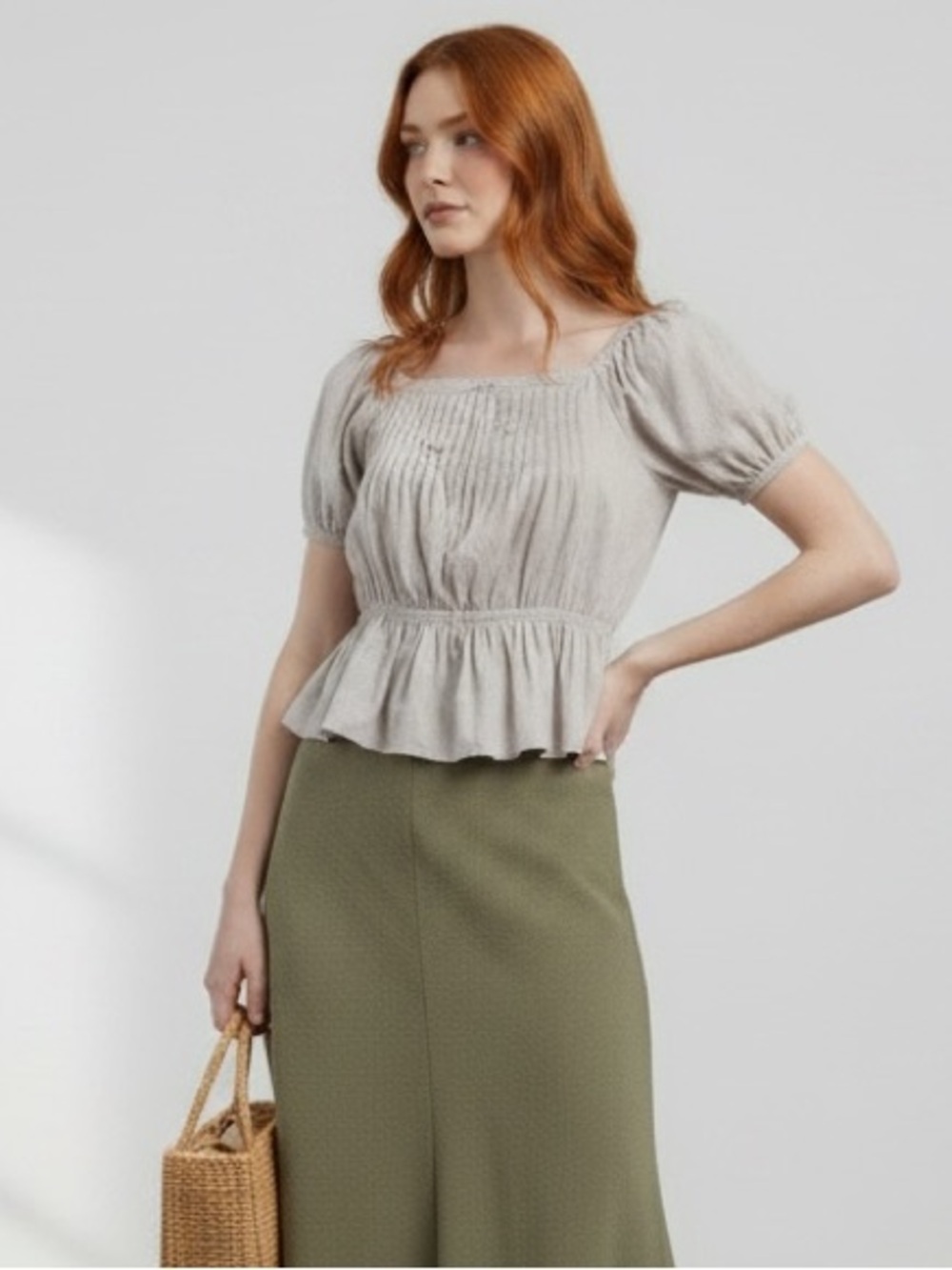 Square-Neck Peplum Blouse in Light Gray